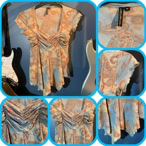 Cha Cha Vente mid dress blue with brown paisley pattern.  Light and fresh sz M